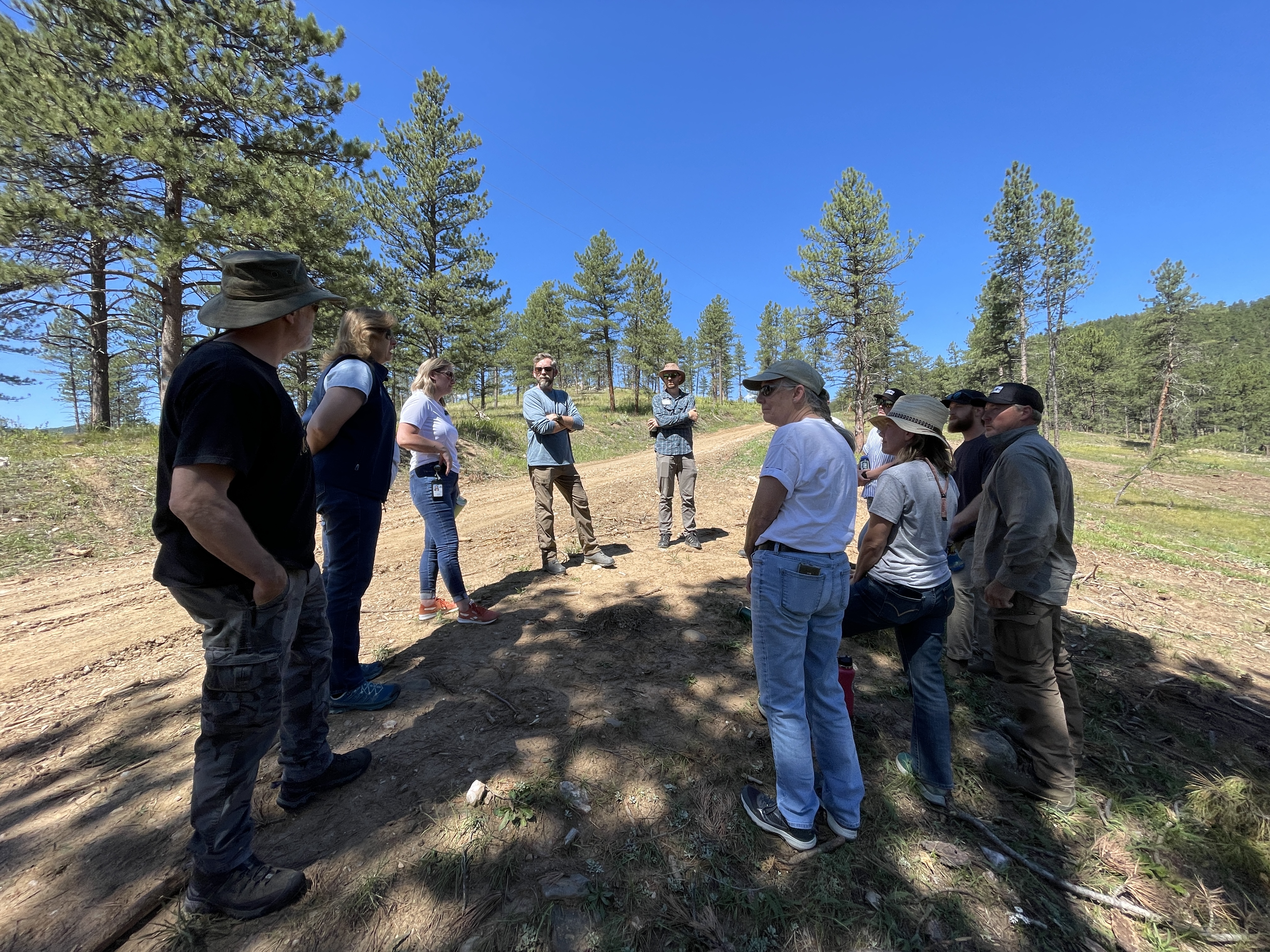 Council members stand in a circle along a dirt road discussion treatments