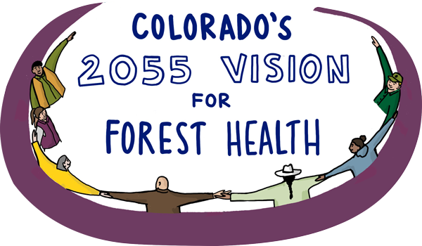 Illustrated badge that says Colorado's 2055 Vision for Forest Health and shows seven individuals holding hands in a circle