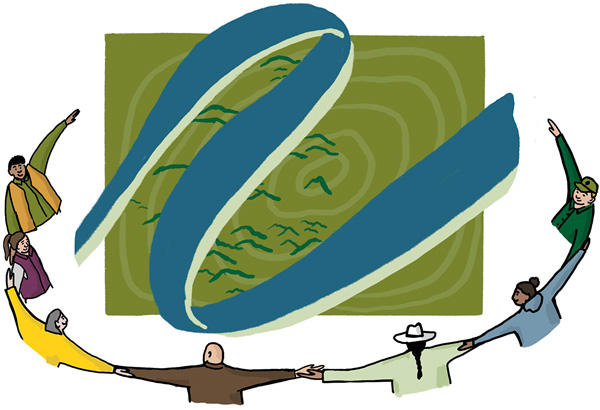 Illustration of seven people holding hands around a collage of land and water
