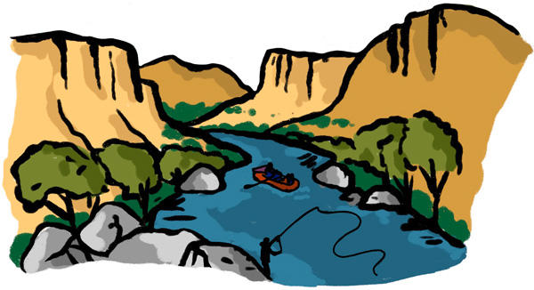 Illustration of a river between mountains with a canoe and someone fishing