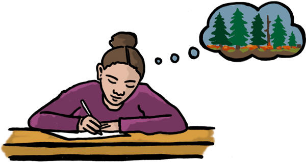 Illustration of woman writing at a desk. Thought bubble indicates she is thinking of a forest.