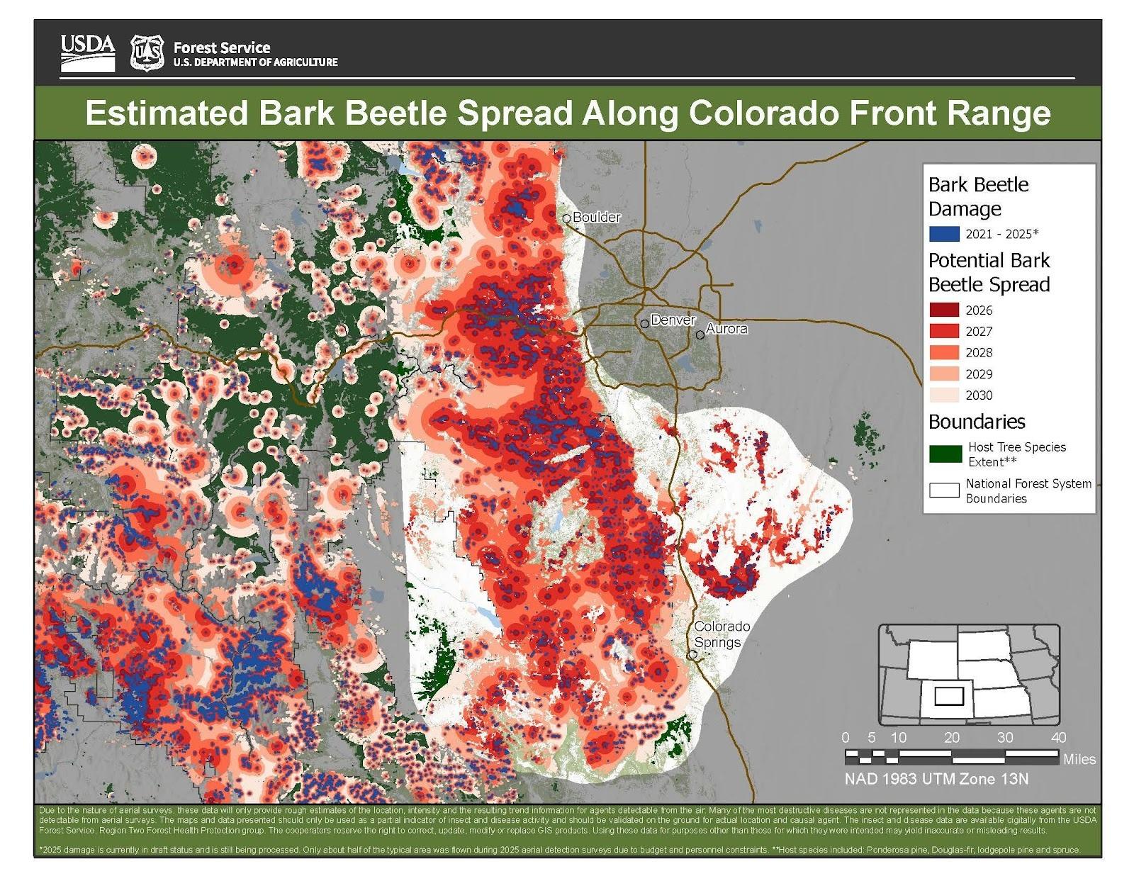 A map showing the estimated spread of bark beetle infestation across the Colorado Front Range