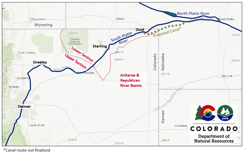 Map of the South Platte River, highlighted in Colorado and Nebraska. The river is shown divided into upper and lower sections, with the lower section occurring in the northeast corner of Colorado