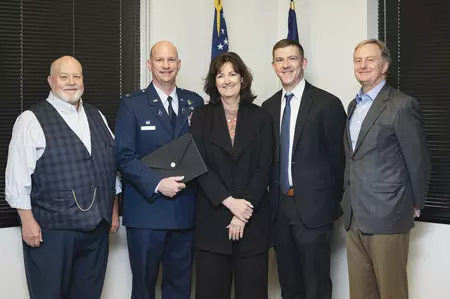 pictured left to right: Chairman of Defense Mission Task Force Keith Klaehn, Colonel & Commander of Schriever Space Force Base David Hanson, Colorado State Board of Land Commissioners President Christine Scanlan, Lt. Governor Chief of Staff Mark Honnen, and Colorado State Board of Land Commissioners Staff Director Bill Ryan