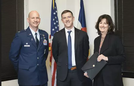 pictured left to right: Colonel & Commander of Schriever Space Force Base David Hanson, Lt. Governor Chief of Staff Mark Honnen, and Colorado State Board of Land Commissioners President Christine Scanlan  
