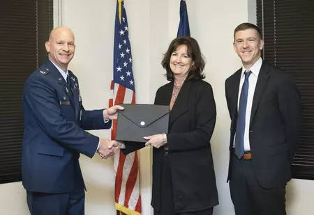 Photo 2: pictured left to right: Colonel & Commander of Schriever Space Force Base David Hanson, Colorado State Board of Land Commissioners President Christine Scanlan, and Lt. Governor Chief of Staff Mark Honnen