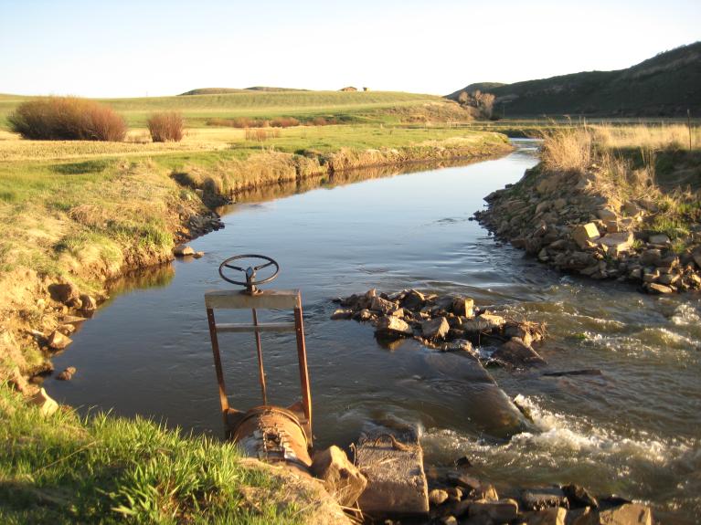 Colorado stream with headgate in the foreground. 