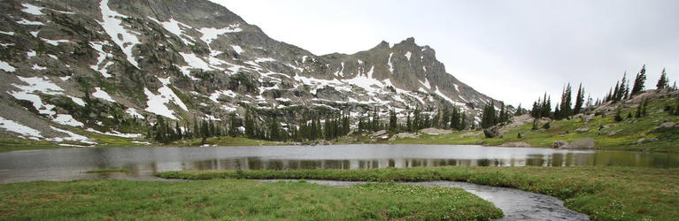 Partially snow covered mountains on a cloudy day with a river and grass in the foreground